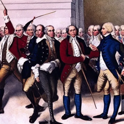 Prompt: The founding fathers of America arresting Donald Trump for treason