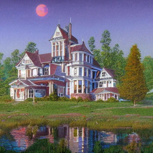 Image similar to Victorian mansion in rural Maine, a lake behind it, Michael Whelan, artstation, Darrell K Sweet, concept art