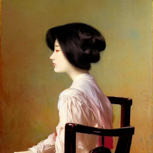 Image similar to painting by frederic edwin church, balaskas christoper, conrad roset, coby whitmore, and chie yoshii. of a pretty cute kawaii japanese girl sitting on antique chair leaning against a desk, sideview, victorian room