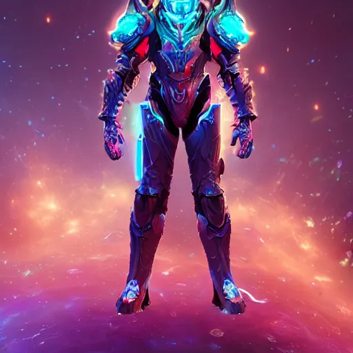 Image similar to Full Armor set made of galaxies and sci fi parts conjuring cosmic energy, surrealism, smooth, intricate, elegant, galactic energy, power aura, neon glowing spells, digital render, artstation, concept art, high tech fantasy, sharp focus, photorealism, art by Jason Chan and Riot Studios and Blizzard Studios, Unreal engine 5