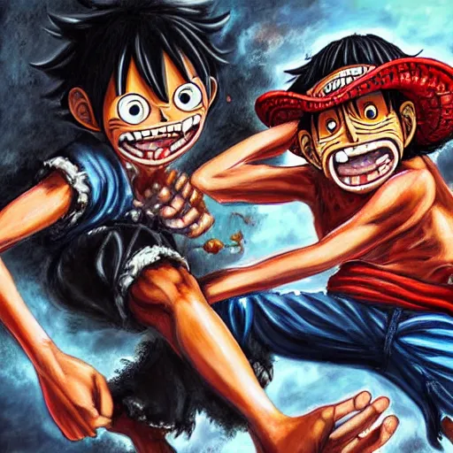 Image similar to highly detailed painting of Monkey D. luffy fighting Kaido, gruesome, scary, sci-fi, hyper realistic