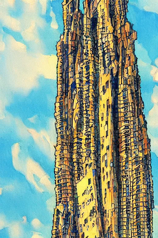 Prompt: A painting of a skyscraper designed by Antoni Gaudí, in the style of anime