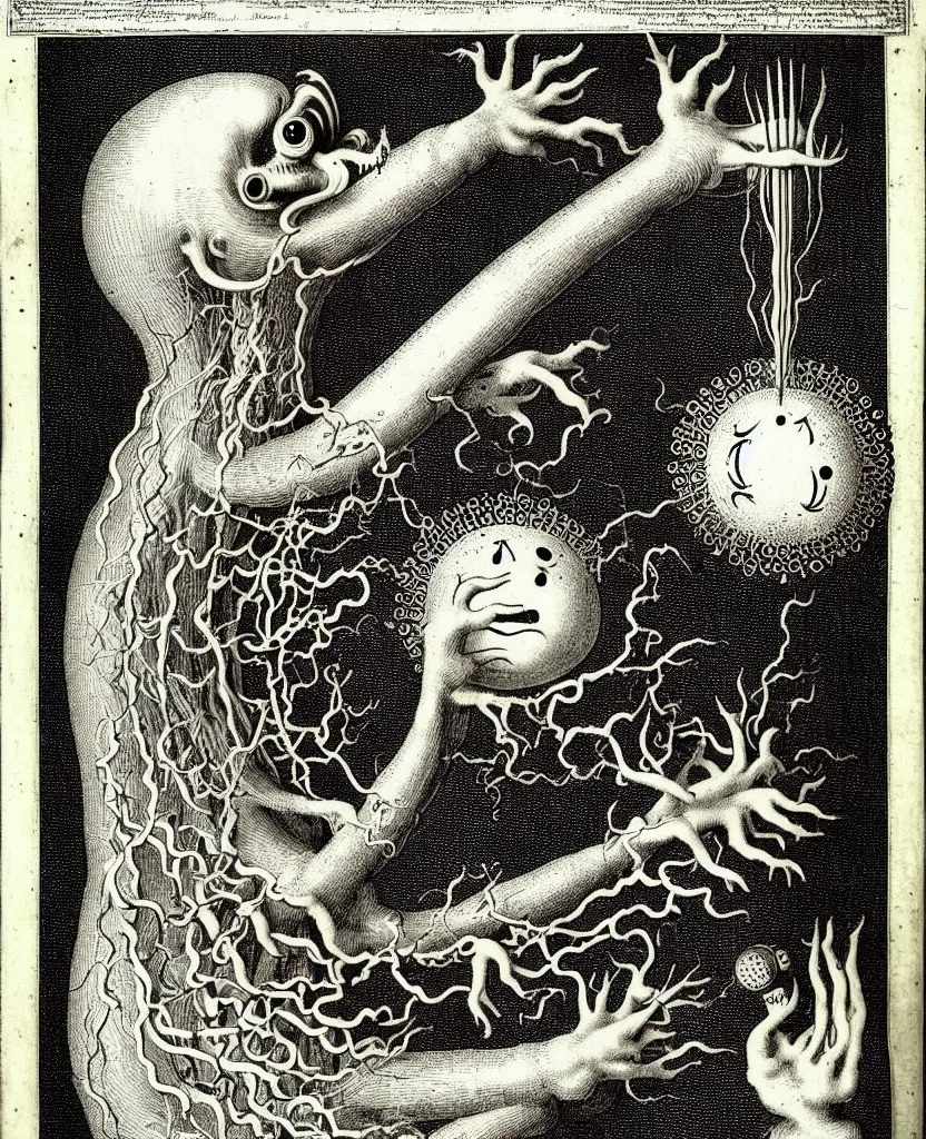 Image similar to whimsical freaky creature sings a unique canto about'as above so below'being ignited by the spirit of haeckel and robert fludd, breakthrough is iminent, glory be to the magic within