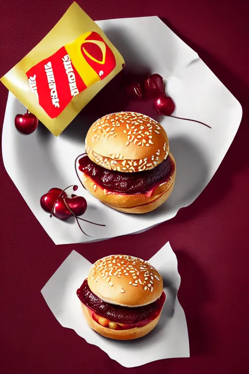 Image similar to mcdonalds hamburger covered in cherries, commercial photography