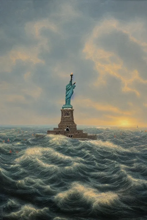 Image similar to the largest ocean wave in the world is about to hit the statue of liberty, oil on canvas, intricate, 8 k highly professionally detailed, hdr, cgsociety