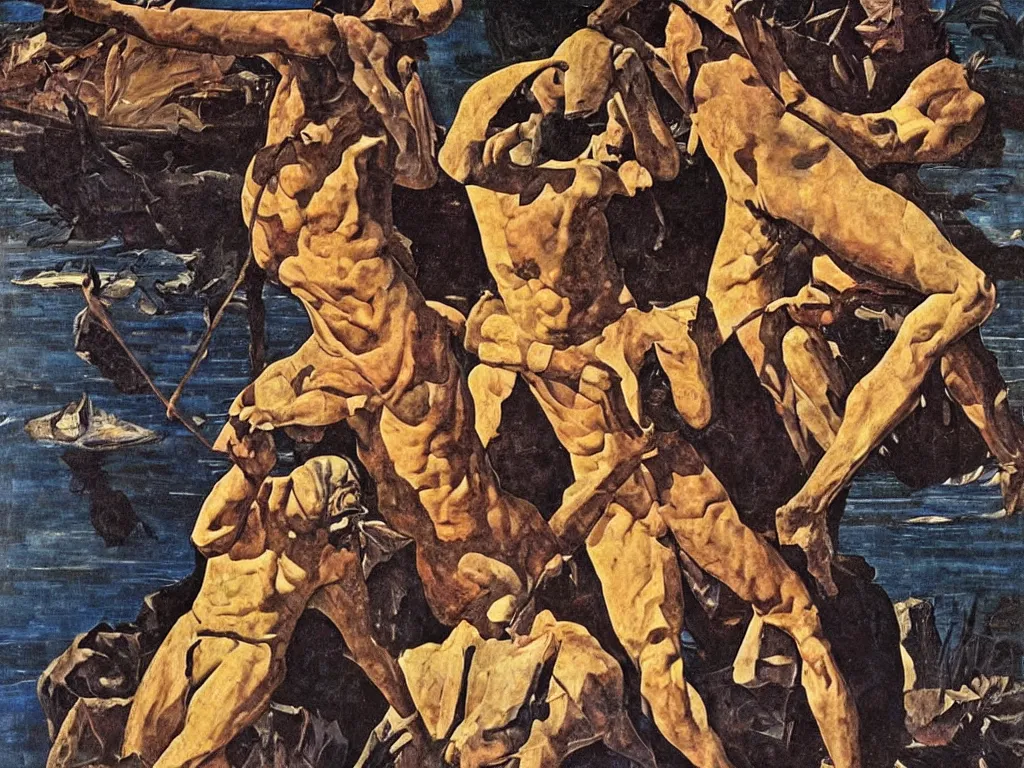 Image similar to Men fighting in the muck, African painted god, mask, sculpture, Henri Moore giant, blue eyed, looking from the water conch. Boulders of marbled rocks, spiked, wings. Painting by Caravaggio, Rene Magritte, Moebius, Jean Delville, Max Ernst, Maria Sybilla Merian