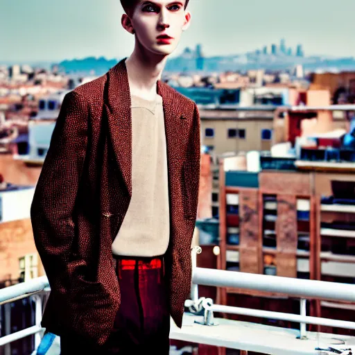 Image similar to un ultra high definition fashion editorial photographic portrait of a pale young man standing on the rooftop of an apartment building wearing all eclectic clothes. wide angle. three point light. extremely detailed. golden hour, golden ratio, ray tracing, volumetric light, shallow depth of field.