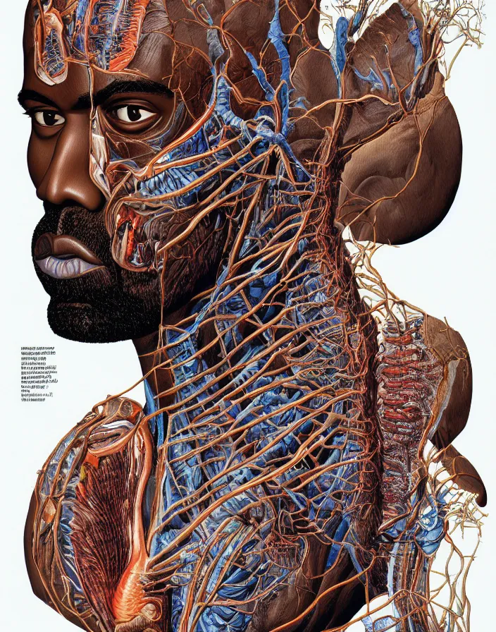 Image similar to an anatomical illustration of Kanye West from a medical journal by Nychos and Alex Grey, highly detailed, high detail, 8k