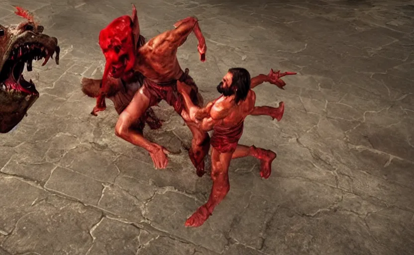 Prompt: hyperrealistic photo of Jesus Christ fighting red-skinned Satan devil demon Lucifer in the face on the floor of the Roman Coliseum, 8k cinematic, epic fight scene, Doom Eternal, interpretation of Hell on Earth