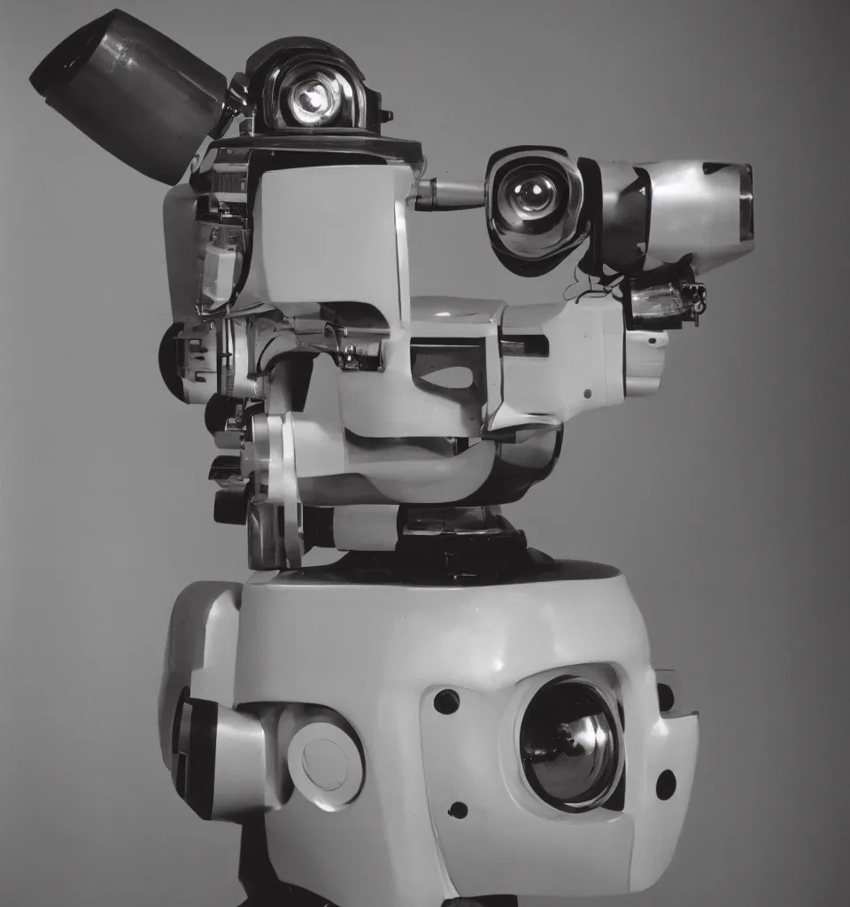 Image similar to an 80's studio portrait photo of a robot head designed by wes anderson, 50mm, pentax, film