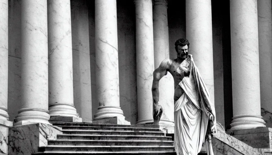 Image similar to 1 9 6 0 s movie still close - up of caligula in white toga heavy bleeding on marble stairs, cinestill 8 0 0 t 3 5 mm, high quality, heavy grain, high detail, dramatic light, anamorphic, detailed beard