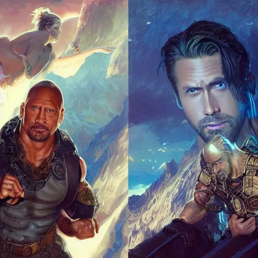 Image similar to Dwayne Johnson and Ryan Gosling Save the World, fantasy, intricate, elegant, highly detailed, digital painting, artstation, concept art, smooth, sharp focus, illustration, art by artgerm and greg rutkowski and alphonse mucha