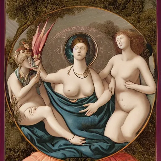 Prompt: the print shows venus seated on a crescent moon. she is surrounded by the goddesses ceres and bacchus, who are both holding cornucopias. pale by nagel patrick, by marco mazzoni, by miriam schapiro apocalyptic, rendered in unrealengine
