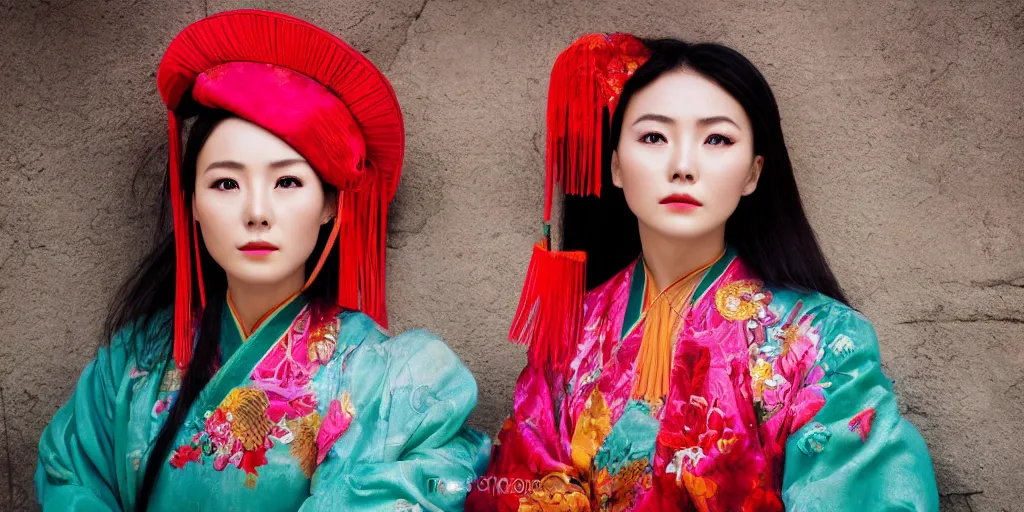 Prompt: photo portrait of chinese actress, beauty in traditional costume in real life by Steve McCurry, colorful, sharpen, 4k, 85mm, award winning, realistic, professional light