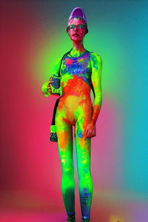 Prompt: a scene with a character wearing a super colorful fluo suit, vivienne westwood, detailed photoreal render octane render, pointillism, painting