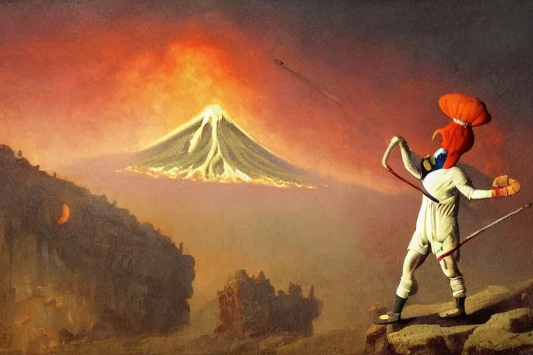 Image similar to a highly detailed pulcinella!!! from naples with pizza!! in the foreground, volcano in the background with smoke, blazing fire and glowing lava, full body, wide angle, an ultrafine detailed painting by odd nerdrum, post - apocalyptic vibe, trending on deviantart, whimsical, lowbrow, coherent, sharp focus, octane, masterpiece