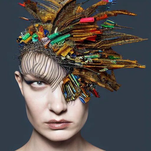 Prompt: a woman with a weird head piece on her head, a flemish baroque by alexander mcqueen, panfuturism, made of paperclips, made of insects, made of feathers, hybrid, bold natural colors, masterpiece, trending on artstation, photograph