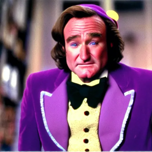 Image similar to stunning awe inspiring robin williams as willy wonka, movie still 8 k hdr atmospheric lighting