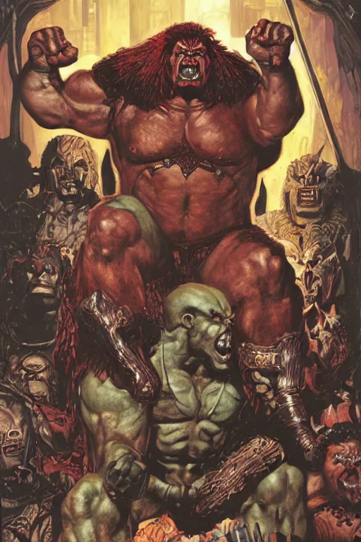 Image similar to hulking brute mayan demon on throne, by alex ross and jack kirby and sergey kolesov and jason fabok and lawrence alma tadema and norman rockwell and greg staples and rick berry and jeremy man