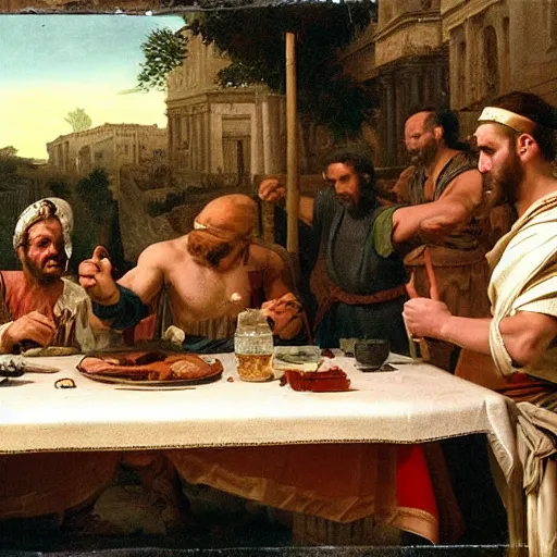 Image similar to Two men arguing at a crowded table at a Roman feast, beautiful and realistic matte painting