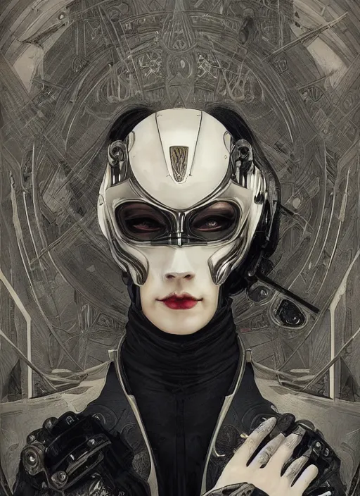 Prompt: a cyborg with mask, black leather garment with art nouveau ivory accessories, cyberpunk, darksynth, luxury, concept art by jama jurabaev, extremely detailed, ominous, ethereal, andree wallin, edvige faini, masamune shirow, alphonse mucha