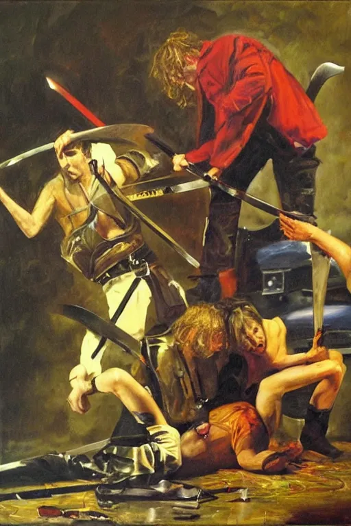 Image similar to dramatic oil painting of bill drummond fighting julian cope with swords