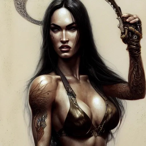 Image similar to portrait of megan fox, muscular upper body, bikini, fantasy, intricate, elegant, highly detailed, digital painting, artstation, concept art, matte, sharp focus, illustration, art by aenaluck and roberto ferri and greg rutkowski, epic fantasy, digital painting