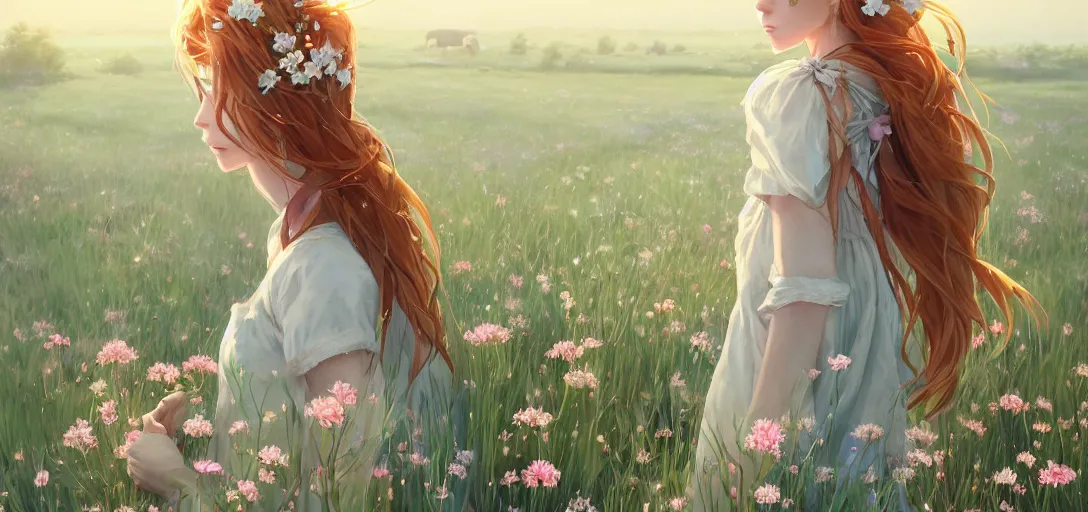 Prompt: a beautiful southern woman named Savannah, innocent, sad turquoise eyes, freckles, long ginger hair tied with white ribbon, relaxed in a field of flowers on a farm, gentle lighting, storm in the distance, somber, western clothing, dress, digital art by Makoto Shinkai ilya kuvshinov and Wojtek Fus, digital art, concept art,