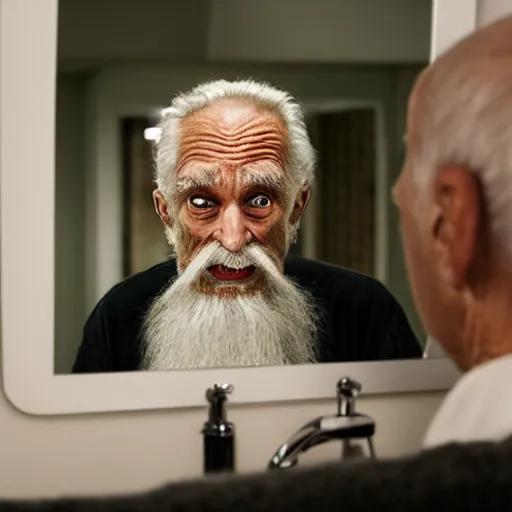 Image similar to old man lookin in the mirror at an evil twisted version of himself