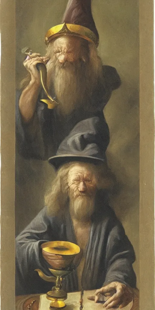 Image similar to a mystical man with a goblet on the table, wizard hat