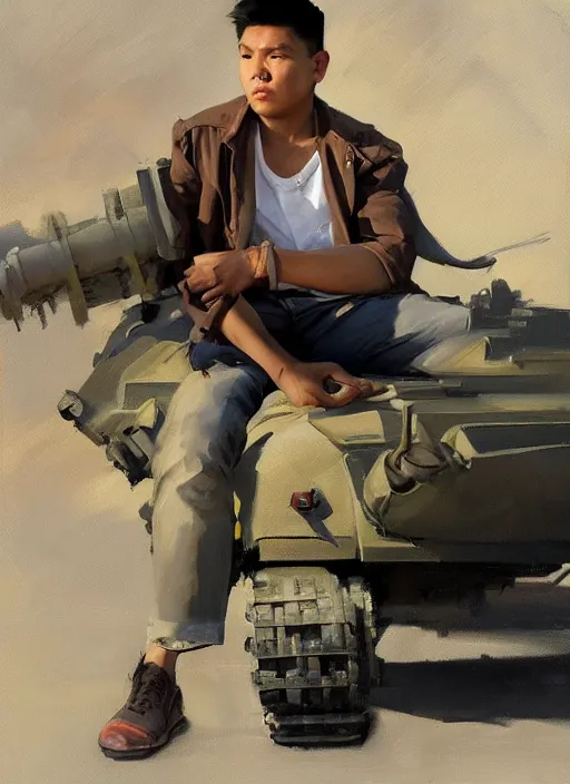 Image similar to greg manchess portrait of a filipino young man sitting on a tank, asymmetrical, profile picture, organic painting, sunny day, matte painting, bold shapes, hard edges, street art, trending on artstation, by huang guangjian, gil elvgren, ruan jia, randy vargas, greg rutkowski