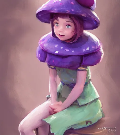 Image similar to a beautiful little girl wearing a mushroom hat sitting | | cute - fine - subtle smile, curved purple hair, face, pretty face, fine details by stanley artgerm lau, wlop, rossdraws, james jean, andrei riabovitchev, marc simonetti, and sakimichan, trending on artstation