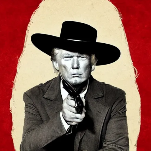 Image similar to an 1 8 0 0 s photo of donald trump playing the role of clint eastwood, squinting at high noon, in the style of a clint eastwood movie, the good, the bad and the ugly, clint eastwood, vibe, donald trump, glory days, mount rushmore, justice, american flag, independence, patriotism, apple pie, black and white, artgerm