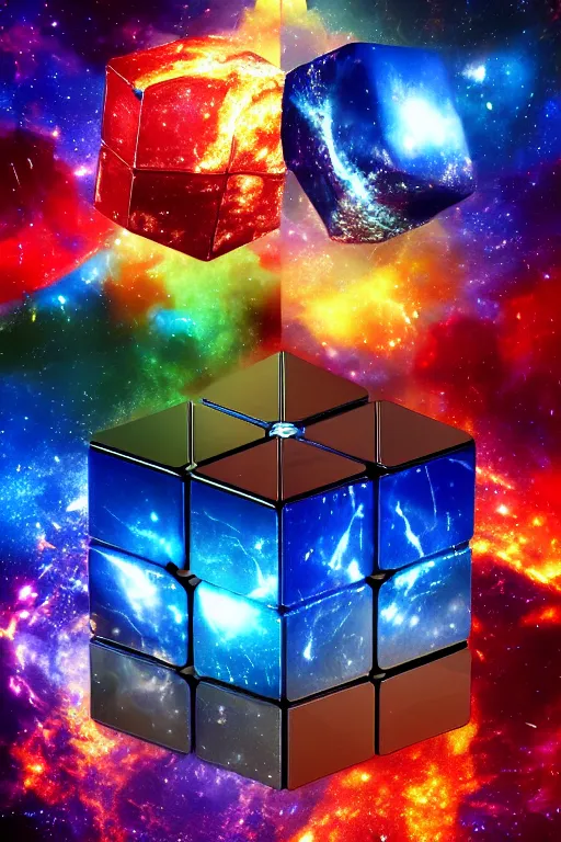 Image similar to four dimensional parallel universe infinite cosmic rubik's cube hypercube tesseract with wormholes, energy and galaxies around it. epic, dramatic, cinematic, digital art, octane render, blender, 8 k, hyperrealistic, trending on artstation