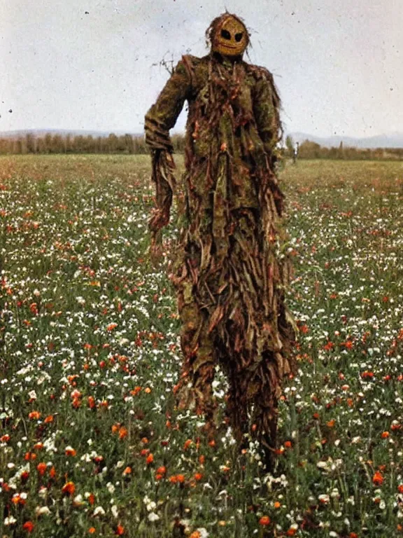 Image similar to human-like scarecrow wearing torn military clothes in beautiful meadow of flowers, ww1 photo, grainy, high detail, high resolution,