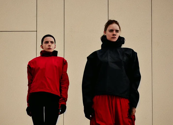 Image similar to cinestill 5 0 d closeup photographic portrait of two clones in front of a brutalist metal building, techwear women, on a desolate plain, red sky, black oversized clothes, depth of field, 4 k, 8 k, hd, full color