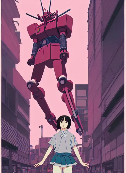 Image similar to Artwork by James Jean, Phil noto and hiyao Miyazaki; a young Japanese future samurai police girl named Yoshimi battles an enormous looming evil natured carnivorous pink gundam robot on the streets of Tokyo; Japanese shops and neon signage; crowds of people running; Art work by studio ghibli, Phil noto and James Jean