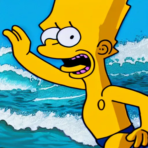 Image similar to Bart Simpson surfing the wave, artstation, 8K, UE5, photorealistic, by Dylan Kowalski