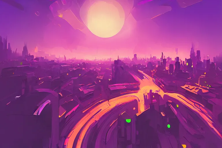 Prompt: a digital art of a metropolis, sunset, purple sky, youth, light effect, highly detailed, by anton fadeev