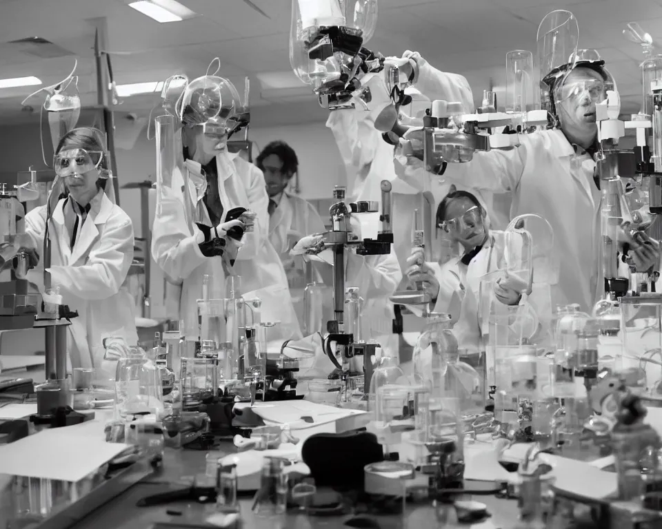 Prompt: reckless!!! whimsical! scientists in a lab inventing, presentation, scattered tables overloaded with doomsday devices and beakers and test tubes