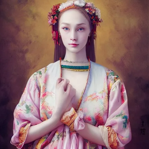 Prompt: of a full body portrait painting of a beautiful russian girl, soft vibrant colors, with acient chinese clothes, realistic, ultra detail, by wlop and ross tran and leonardo da vinci