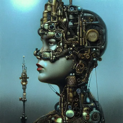 Prompt: steampunk portrait of cyborg queen victoria by beksinski