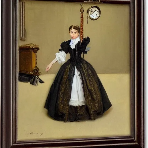 Image similar to young victorian lady curiously examining a mechanical clock, painted by alfred stevens