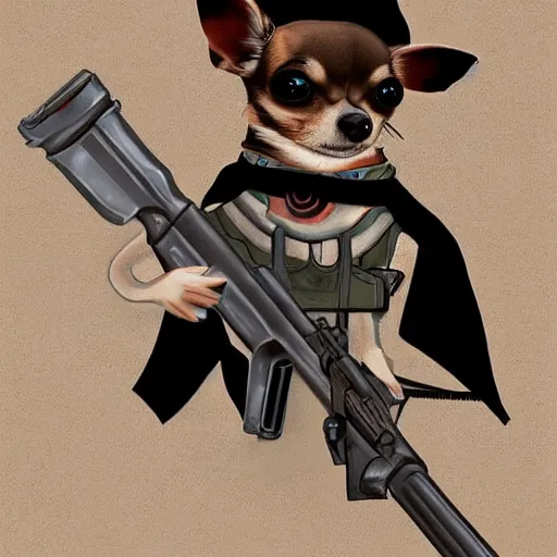 Image similar to chihuahua holding a sniper, digital art