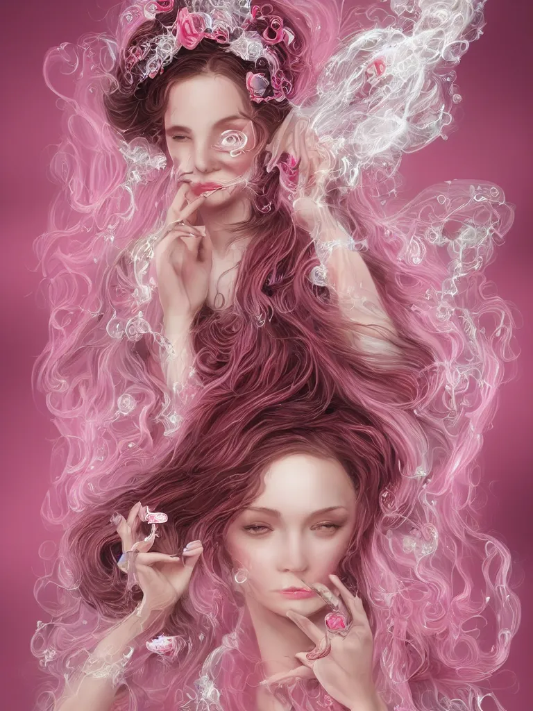 Prompt: a beautiful years old chatain hair woman in a pink - red long dress with silver rings and pink nails \ she makes levitate precious transparent bottle filled with ivory white liquid and a black sticker on it. fantasy, intricate, elegant, highly detailed, digital painting, artstation, concept art, matte, illustration