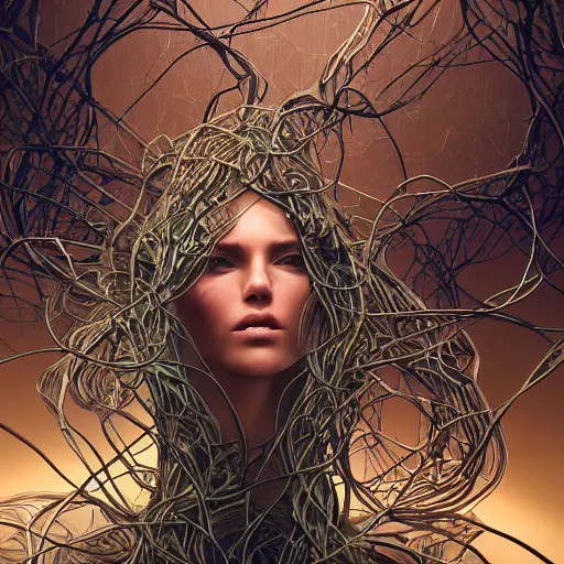 Prompt: a highly detailed digital image of a shattering futuristic woman elegantly tangled in vines, by Andrew Chiampo, artstation, and Frederik Heyman, extremely detailed woman, stunning volumetric lighting, hyper realism, fantasy 4k,