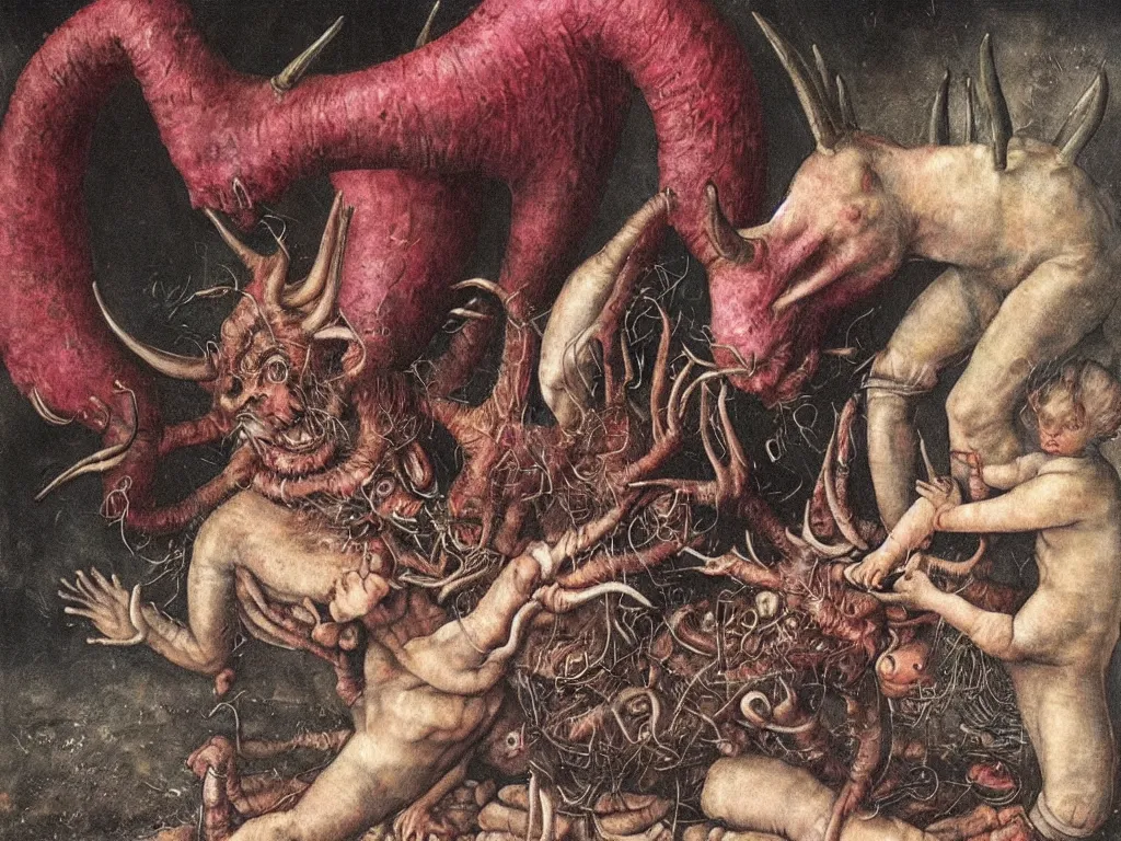 Prompt: Devil with giant horns takes the little baby soul out of the cavity of the chest. Painting by Lucas Cranach, Wayne Barlowe