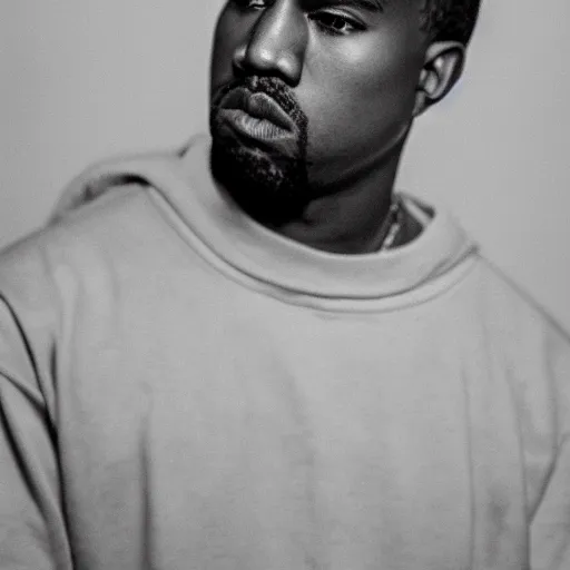 Image similar to the face of young kanye west wearing yeezy clothing at 2 3 years old, black and white portrait by julia cameron, chiaroscuro lighting, shallow depth of field, 8 0 mm, f 1. 8