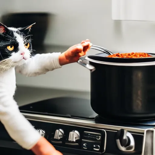 Image similar to photo of ugly black and white exotic shorthair cat cooking a pot of chili in a modern kitchen