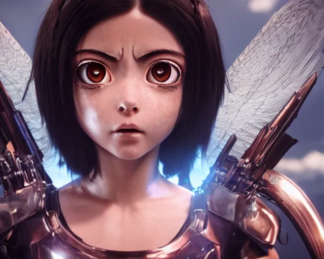 Image similar to battle angel alita, mouth open in awe, doe eyes, photorealistic, lifelike, portrait, octane engine, cinematic lighting, high detail, high resolution